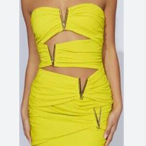 Meshki Victorie V Hardware Mini Dress Lime Cutout Ruched Bodycon NWT Size S